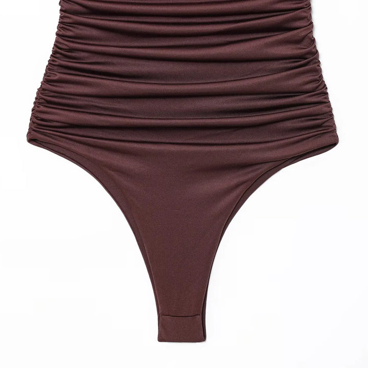 Bodysuit, fitted, V-neck, draped, off-the-shoulder sleeves