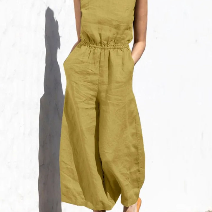 Cotton and linen jumpsuit, various colors, sleeveless, high waist, wide legs, casual