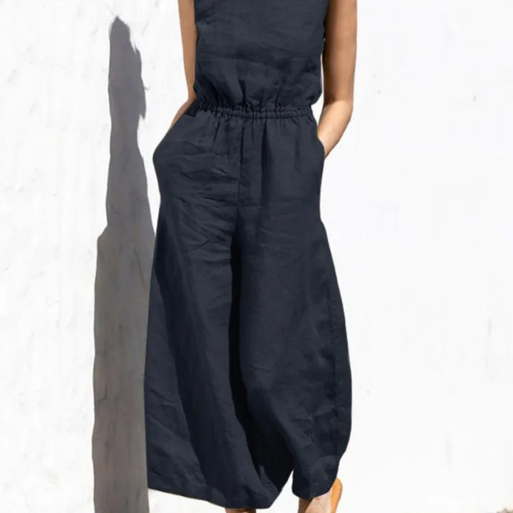 Cotton and linen jumpsuit, various colors, sleeveless, high waist, wide legs, casual