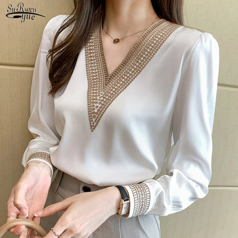 Elegant chiffon V-neck shirts with embroidered details on the sleeves