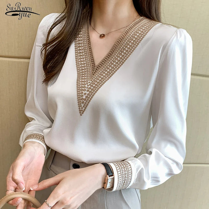 Elegant chiffon V-neck shirts with embroidered details on the sleeves