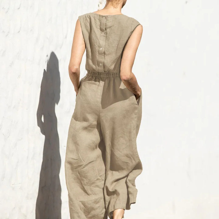 Cotton and linen jumpsuit, various colors, sleeveless, high waist, wide legs, casual