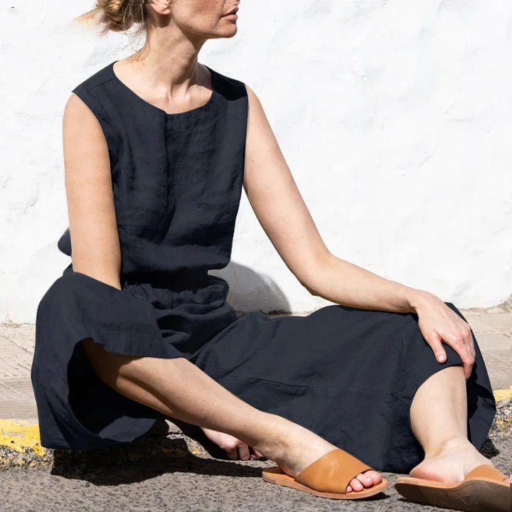 Cotton and linen jumpsuit, various colors, sleeveless, high waist, wide legs, casual