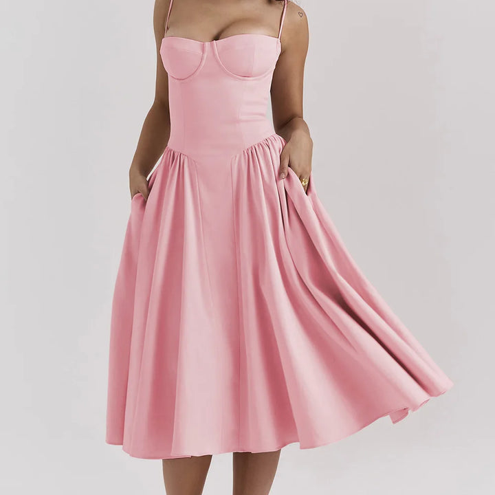 High-waisted summer dress with princess neckline and thin straps