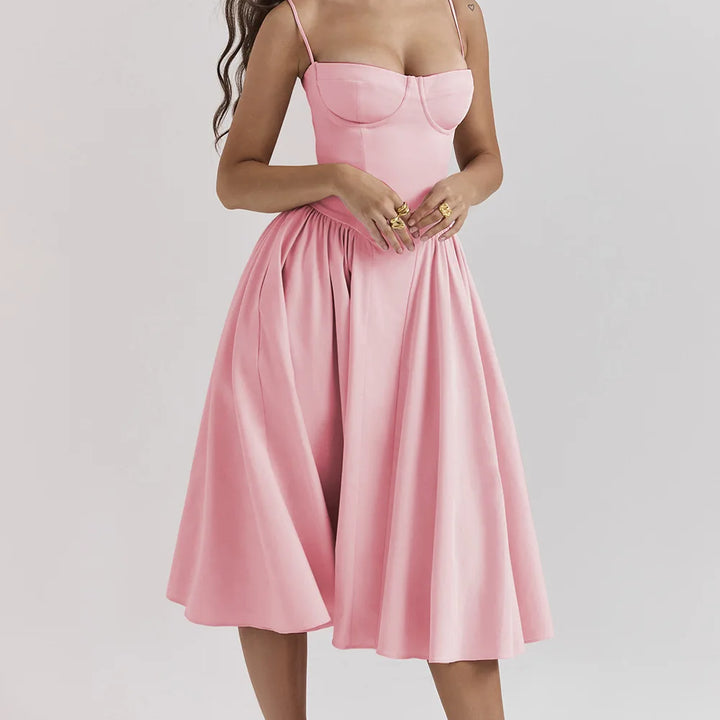 High-waisted summer dress with princess neckline and thin straps