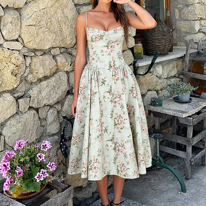 High-waisted summer dress with princess neckline and thin straps