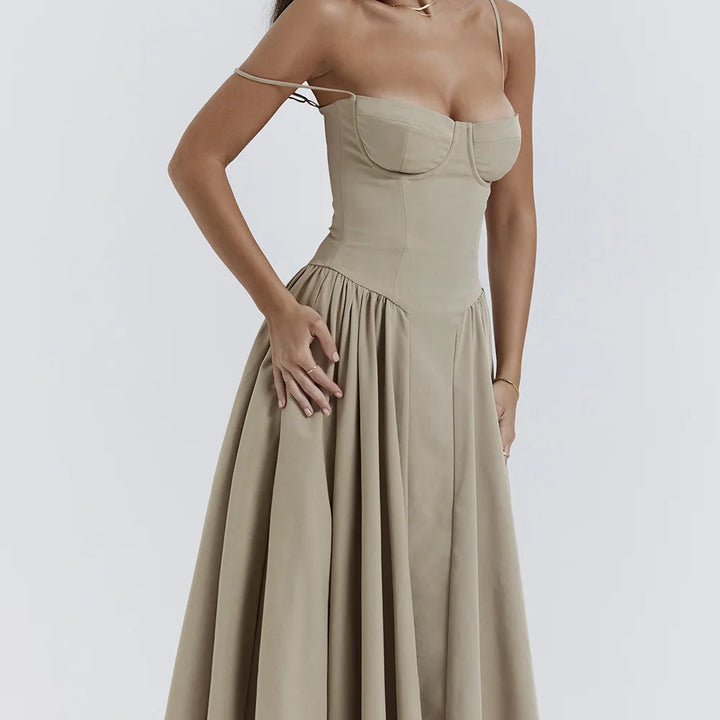 High-waisted summer dress with princess neckline and thin straps