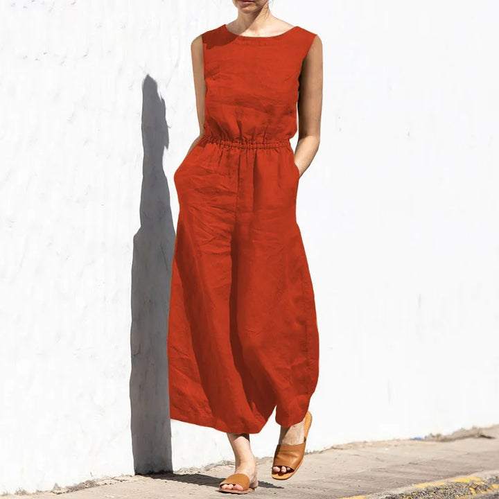 Cotton and linen jumpsuit, various colors, sleeveless, high waist, wide legs, casual