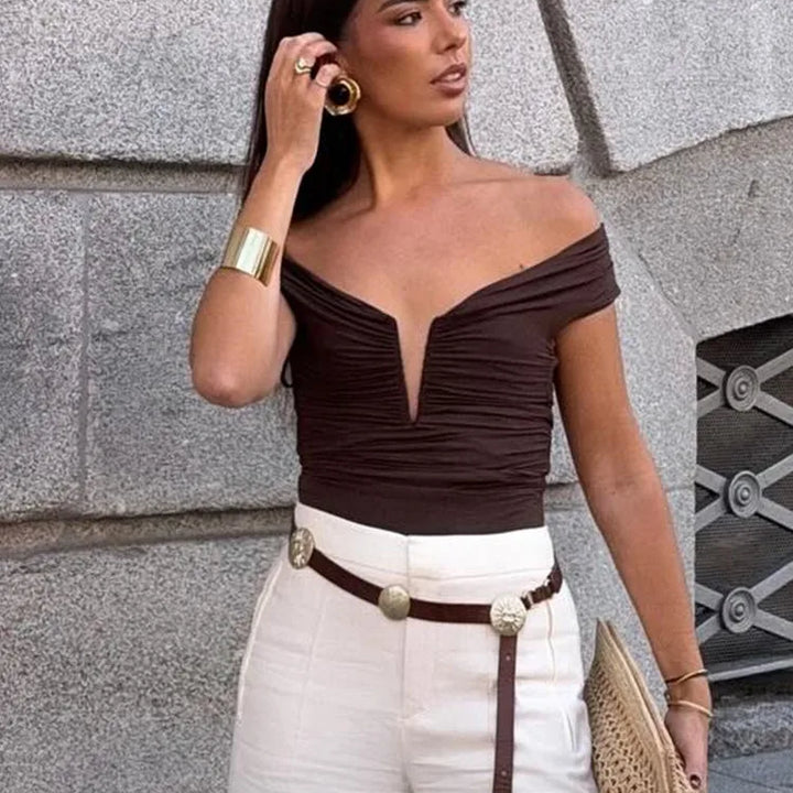 Bodysuit, fitted, V-neck, draped, off-the-shoulder sleeves