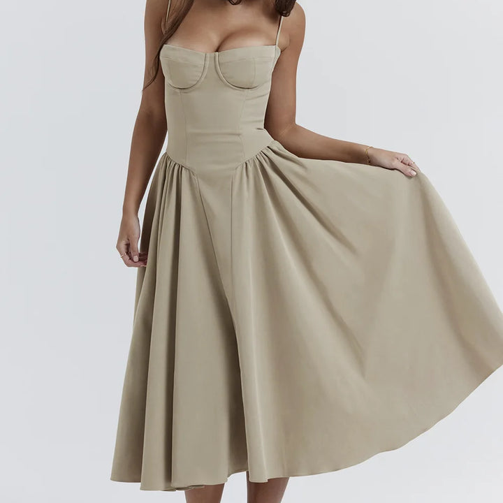 High-waisted summer dress with princess neckline and thin straps