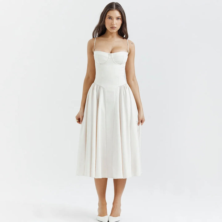 High-waisted summer dress with princess neckline and thin straps