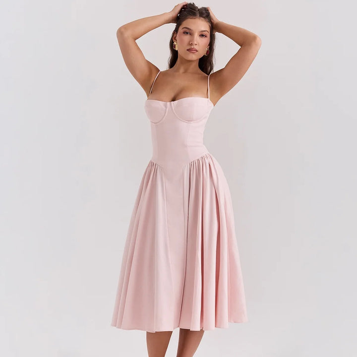 High-waisted summer dress with princess neckline and thin straps